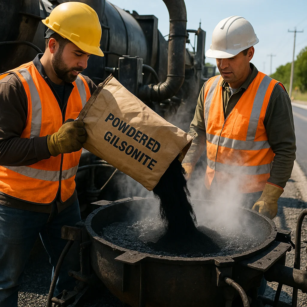 Gilsonite in Sustainable Infrastructure: Workers adding powdered Gilsonite into asphalt mix during road construction